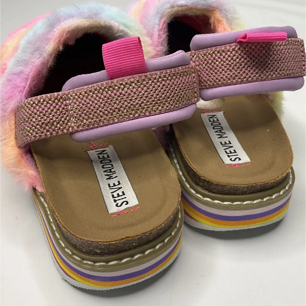 Steve Madden Girls Size 2 JKathyy Rainbow Faux‎ Fur Platform Mule Slippers Shoes